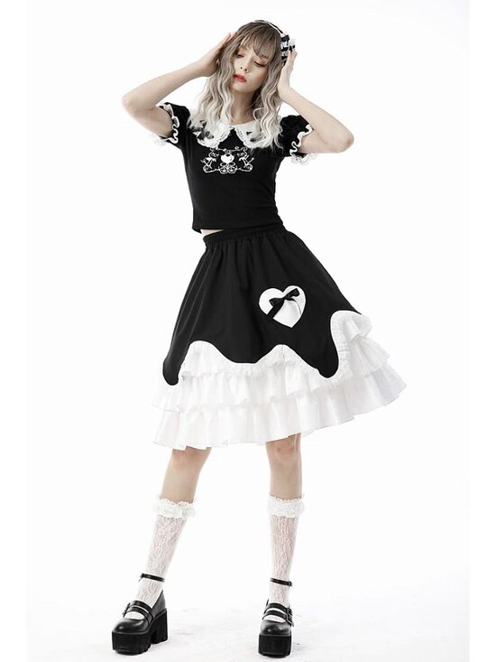 Dark In Love Dresses & Skirts - DARK IN LOVE Black And White Jirai Kei Ruffle Chocolate Melt Cake Heart Skirt